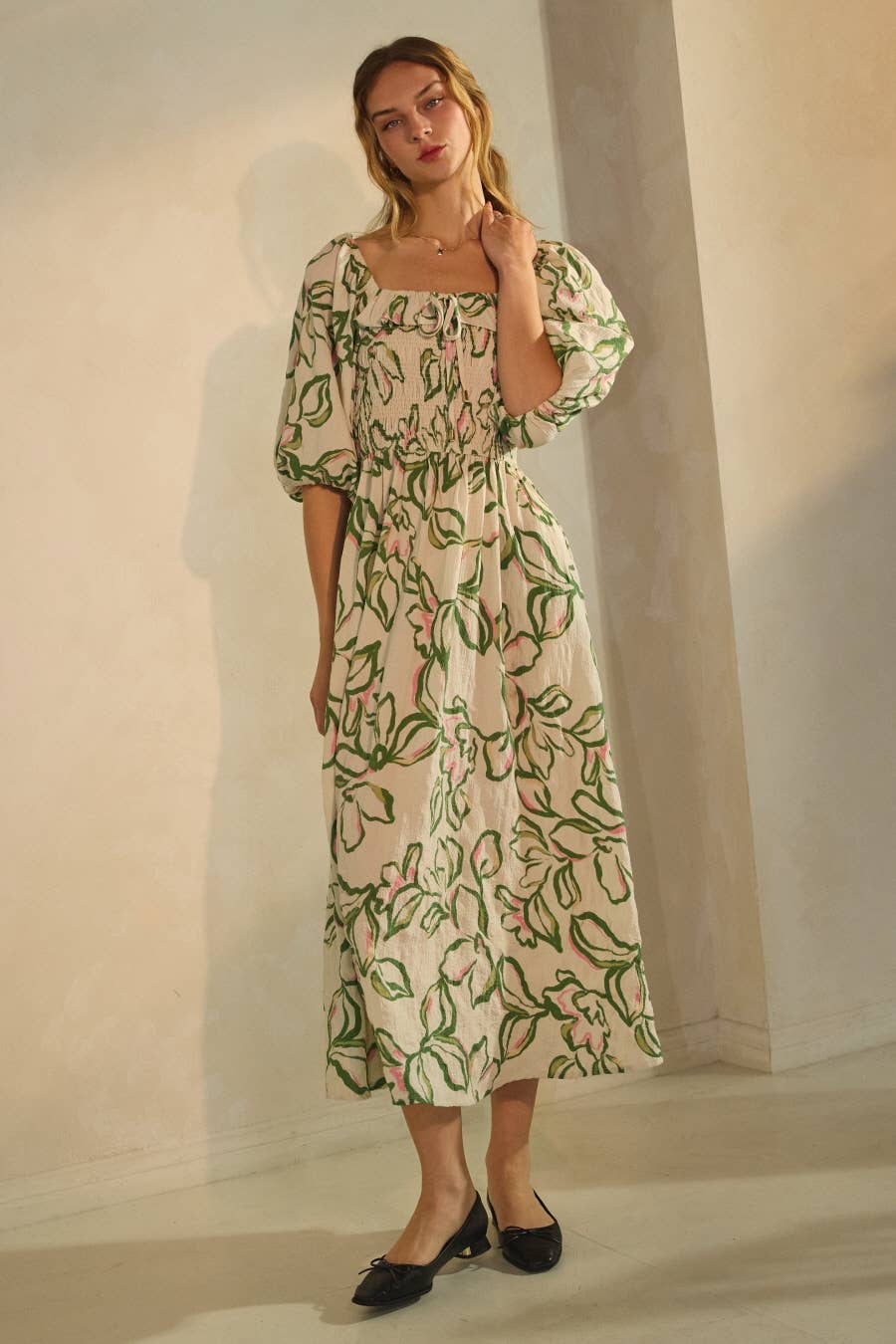 Plus Textured Floral Printed Midi Dress