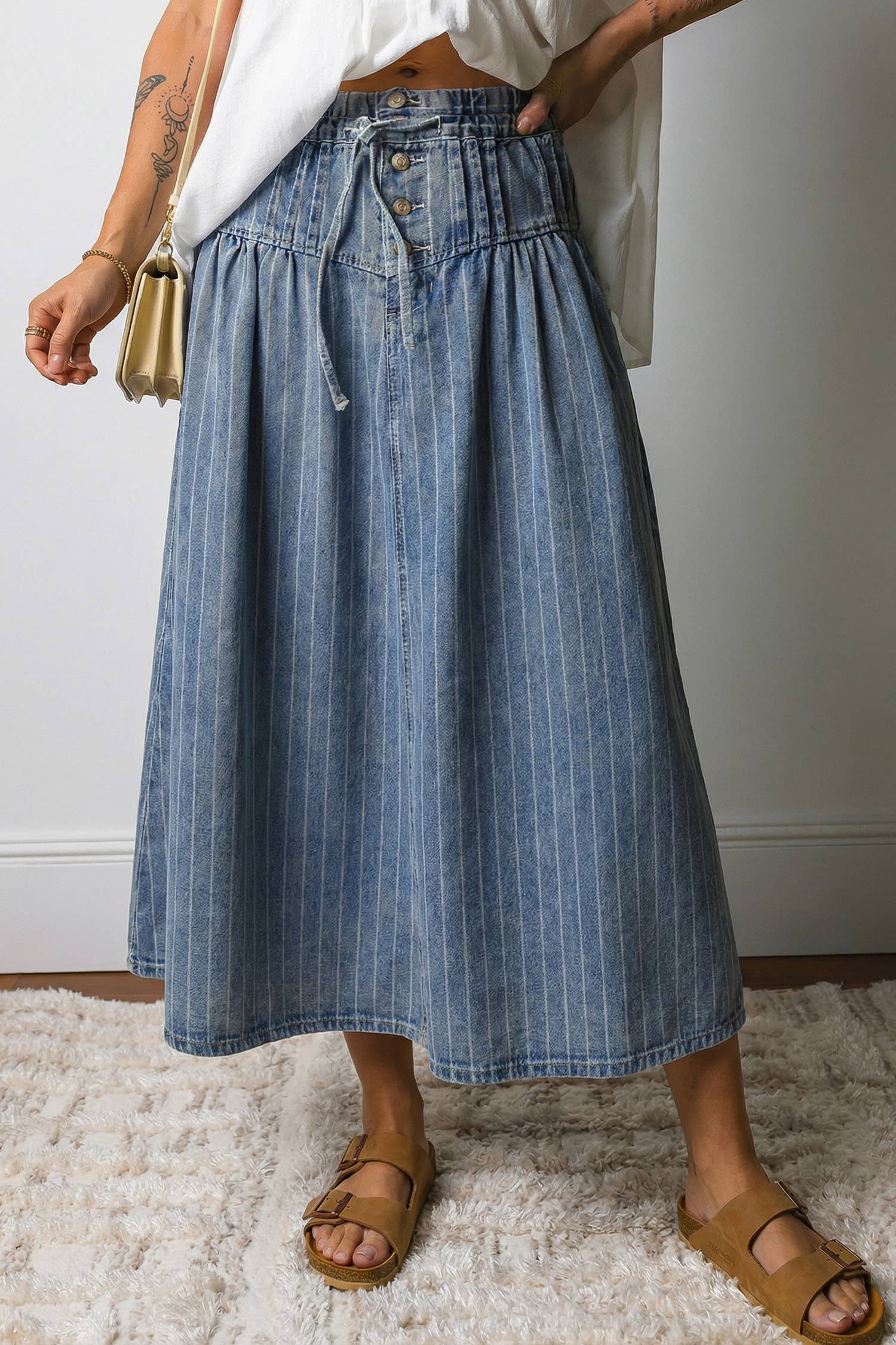 Stripe Denim Waist Maxi Skirt