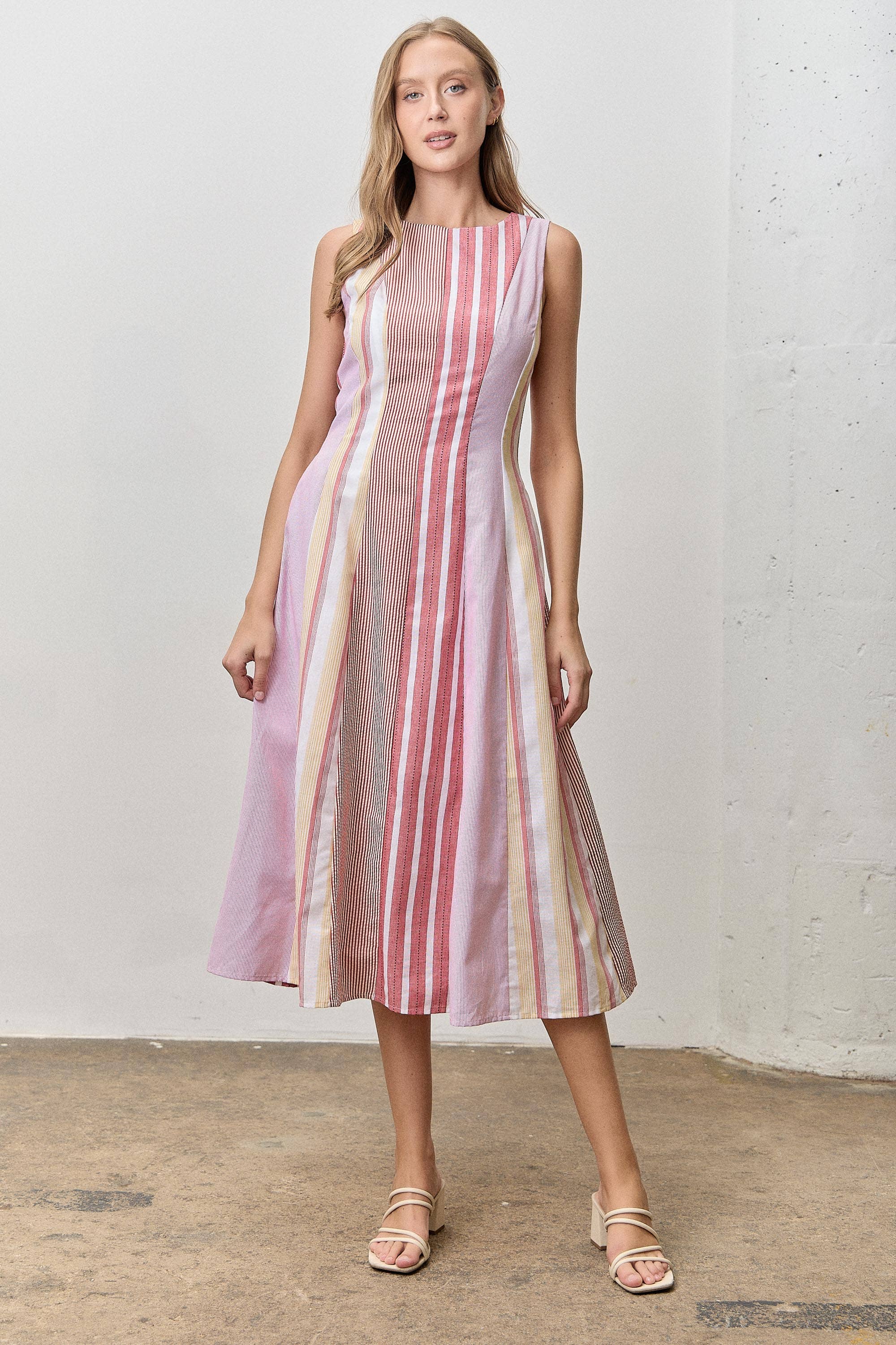 STRIPED SLEEVELESS MIDI DRESS