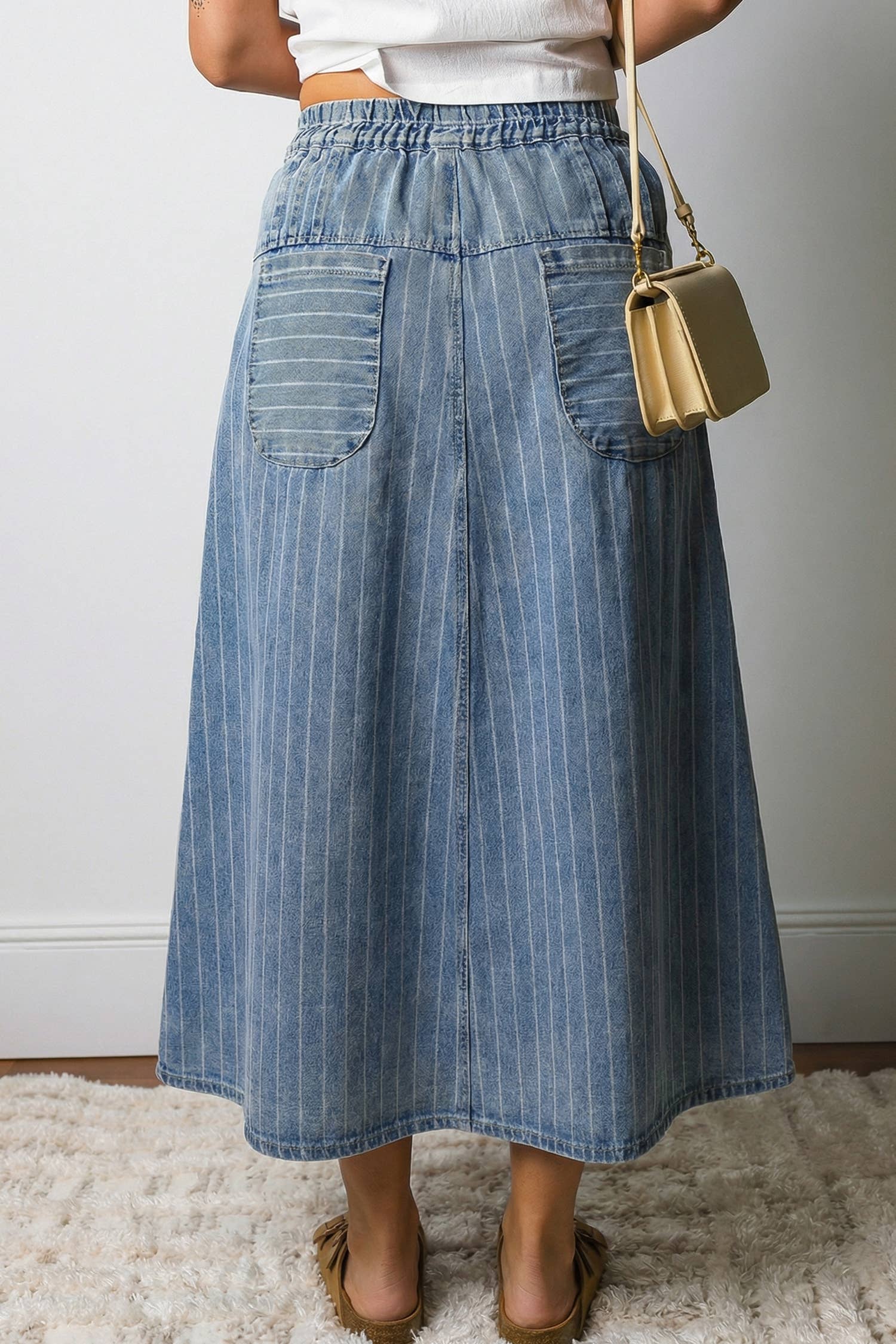 Stripe Denim Waist Maxi Skirt