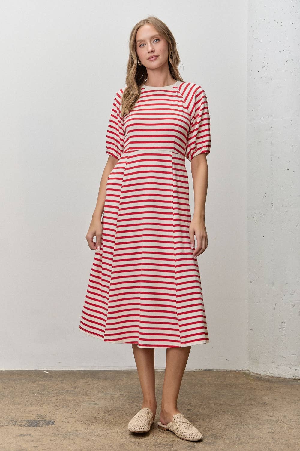 STRIPED RIBBED MIDI DRESS